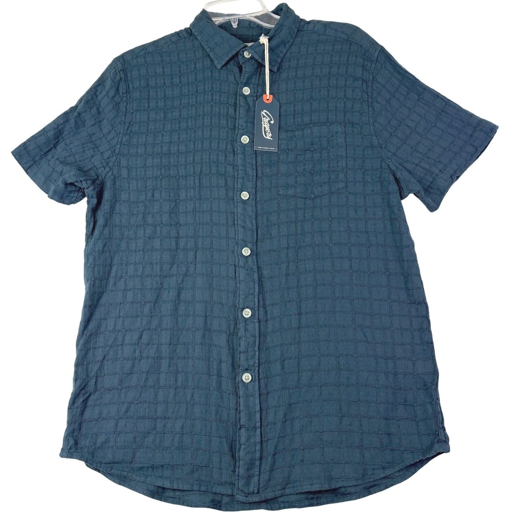 Grayers M Blue Short Sleeve Textured Grid Button Down Shirt Casual Camp NWT